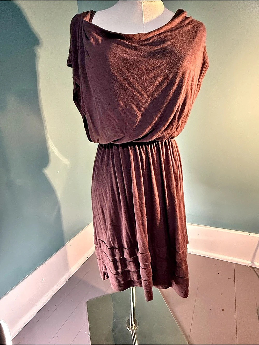 Women’s Bella D Stretch Jersey Draped Cowl Neck Dress- Medium, Grayed Purple
